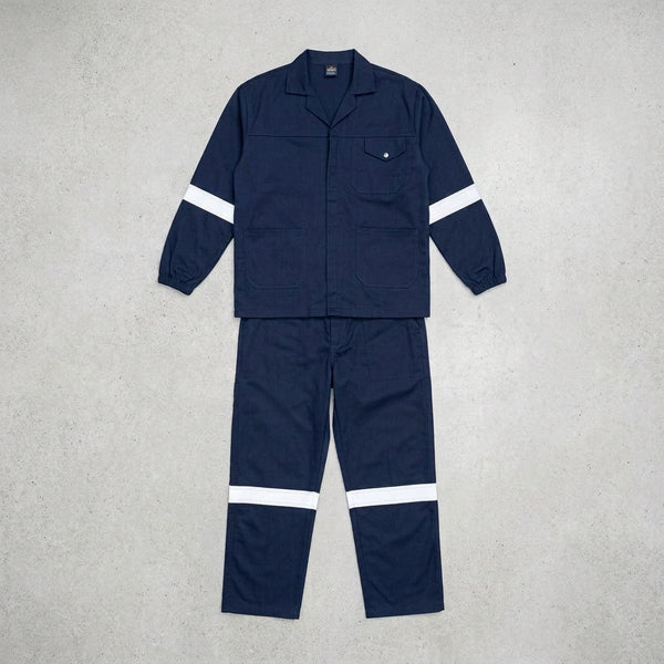 Poly Cotton Conti Overalls 2-Piece with Reflective Tape set displayed on a gray surface for work wear visibility and durability.