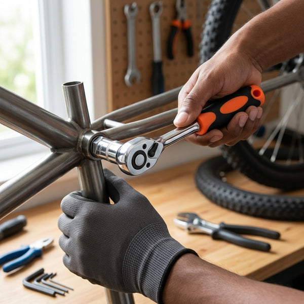 Person using a 9.5 mm Drive Ratchet Handle to tighten a metal frame in a workshop setting.