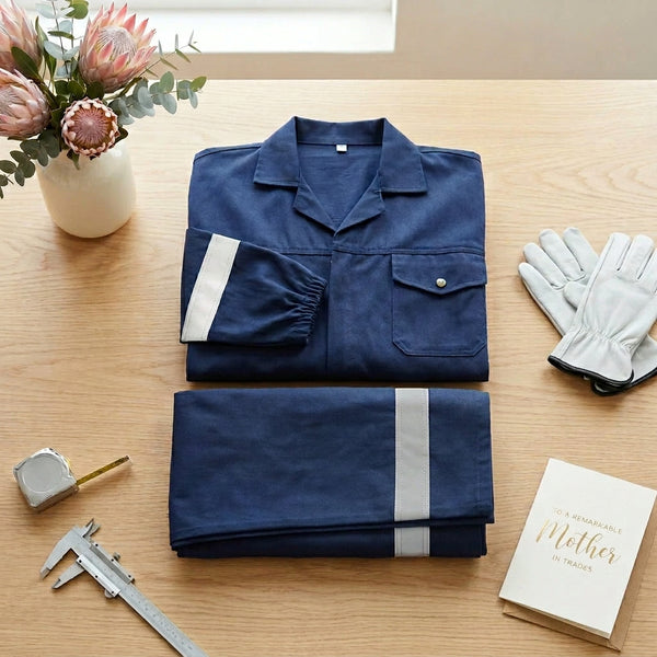 Poly Cotton Conti Overalls 2-Piece with Reflective Tape folded on a wooden table.