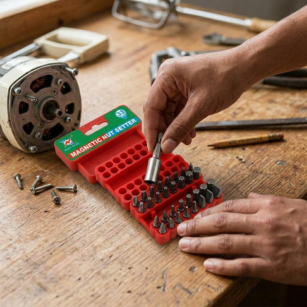 33-Piece Industrial Hand Tool Set shown with a magnetic nut setter being used on a wooden workbench.