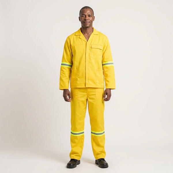 Poly Cotton Conti Overalls 2-Piece with Reflective Tape worn by a person in a yellow uniform with reflective stripes.