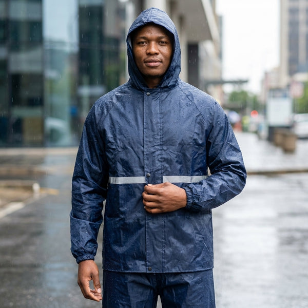 Man wearing waterproof jacket made from 210T Waterproof PU Coated Polyester Taffeta Fabric in the rain.