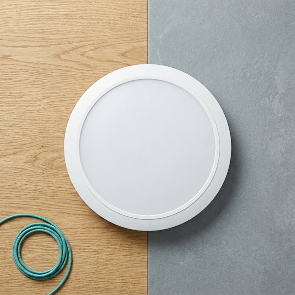 24W Rechargeable Emergency LED Ceiling Light on a wooden and gray surface.