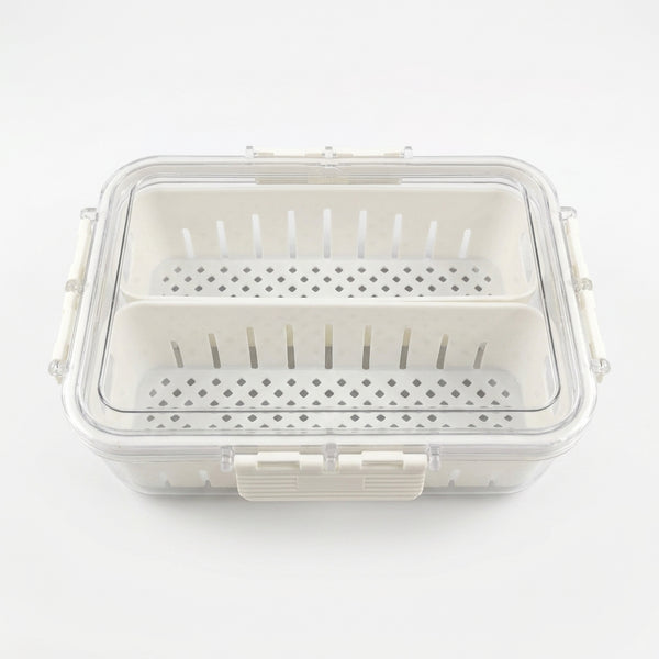 2 Section Plastic Snack Storage Container with Lid, featuring two compartments for organized snack storage.