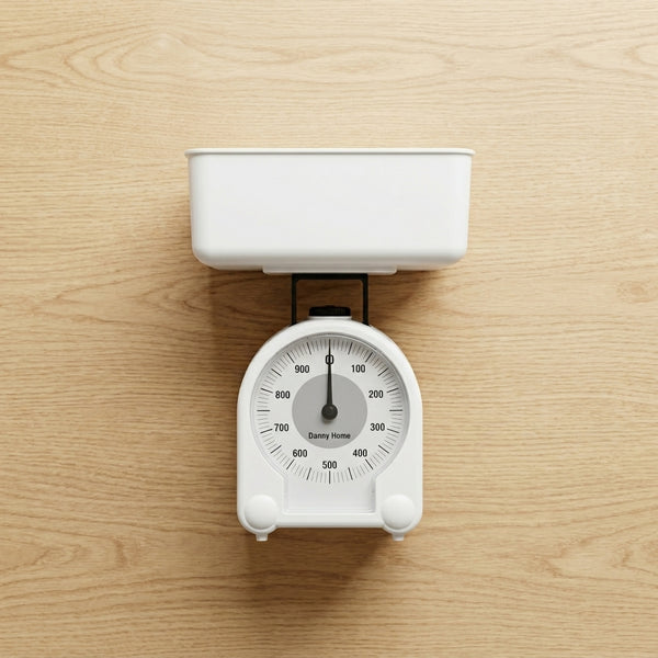 Mechanical Kitchen Scale 1kg with a white bowl for measuring ingredients on a wooden countertop.