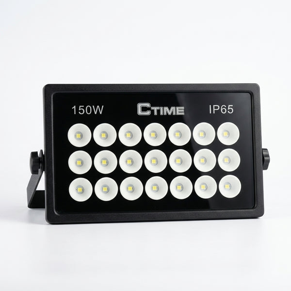 150W Outdoor Solar LED Floodlight shown from the front with multiple LED lights and a sturdy design.