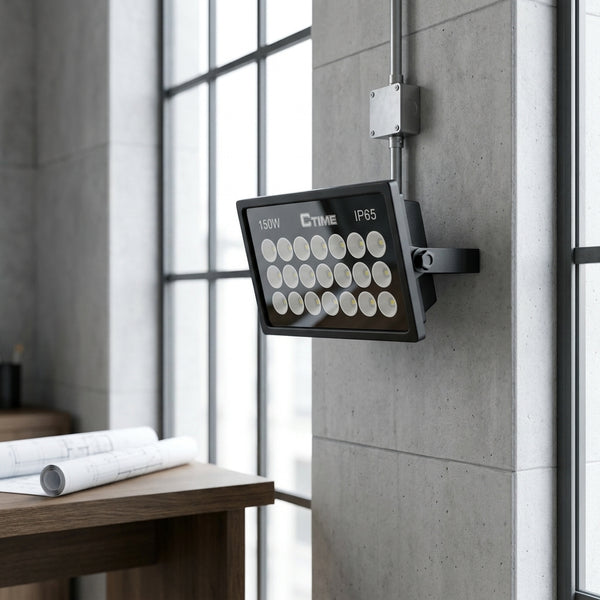 150W Outdoor Solar LED Floodlight mounted on a wall, providing bright illumination in an indoor setting.