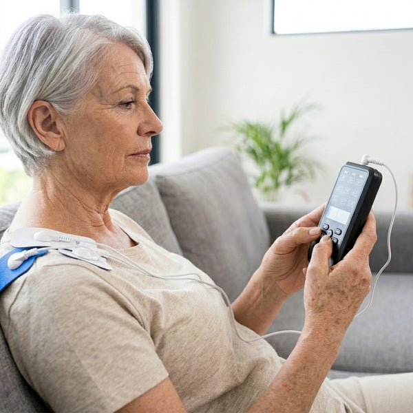 Senior woman using Multifunctional Digital Tens Therapy Massage Machine for muscle relief.