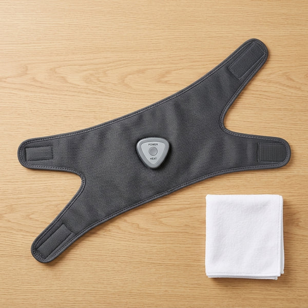 Joint Heating Vibration Massage Wrap on a wooden surface with a control button and a folded towel.