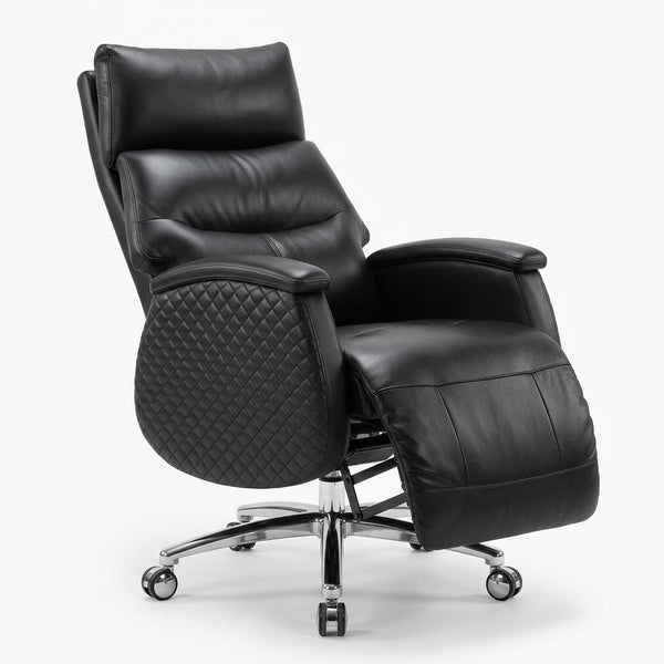 Executive Genuine Leather Reclining Office Chair featuring modern design, ergonomic support, and plush black leather upholstery.