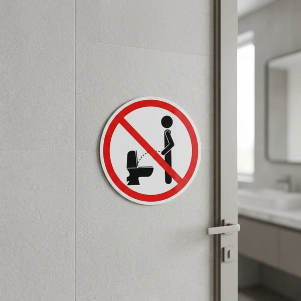 No Public Urination Warning Sign displayed on a bathroom wall to promote cleanliness and proper conduct.