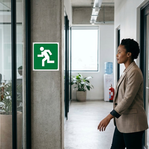 Person walking past an Aluminum Emergency Direction Arrow Sign in a modern office environment.