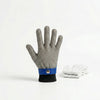 Level 9 Stainless Steel Mesh Cut Resistant Glove next to soft gloves on a plain background.