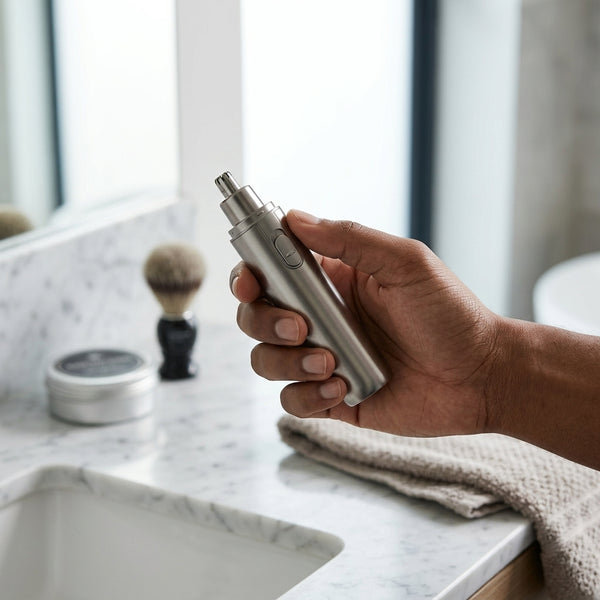 Rechargeable Mini Nose and Ear Hair Trimmer held in hand near a bathroom sink with grooming accessories.
