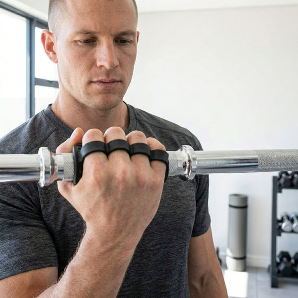 Man using Ergonomic Anti-Slip Rubber Workout Grips with a barbell for improved grip and comfort during workouts.