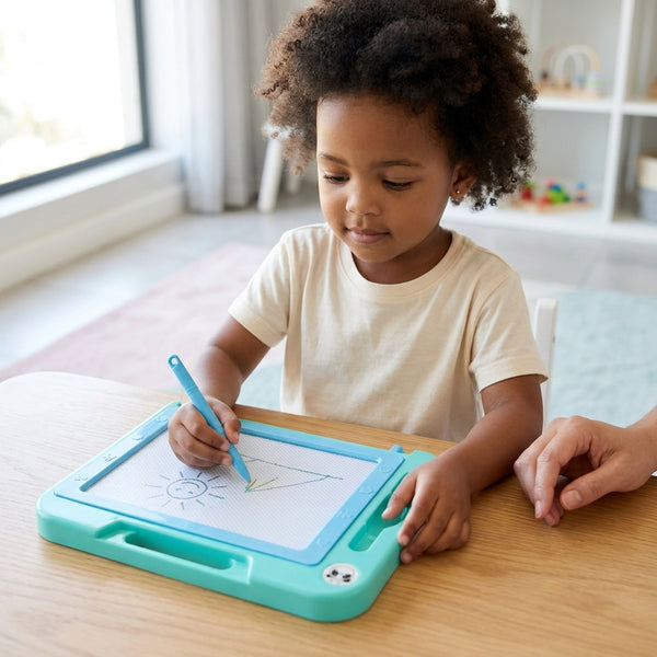Child using Colorful Magnetic Drawing and Sketch Board to create a sun and triangle drawing.
