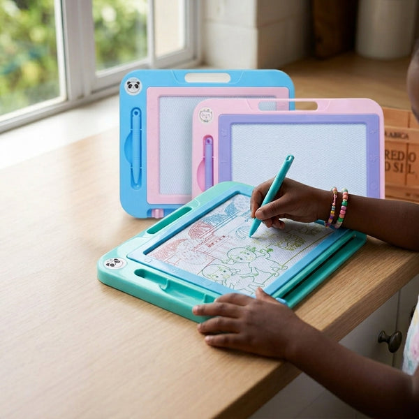 Child drawing on a Colorful Magnetic Drawing and Sketch Board with two other boards in the background.