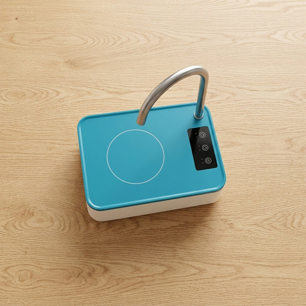 Rechargeable Desktop Water Dispenser Pump in a modern kitchen setting on wooden surface.