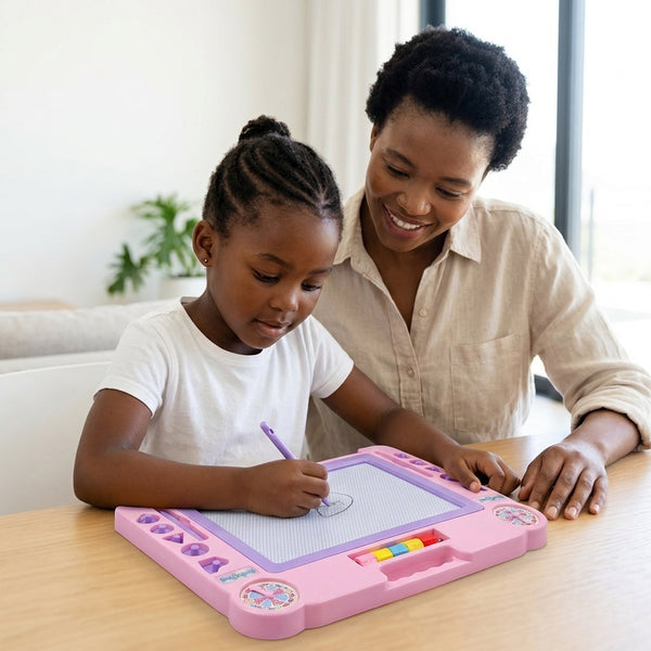 A girl using a Kids Electronic LCD Writing and Drawing Tablet while her mother watches and encourages her.