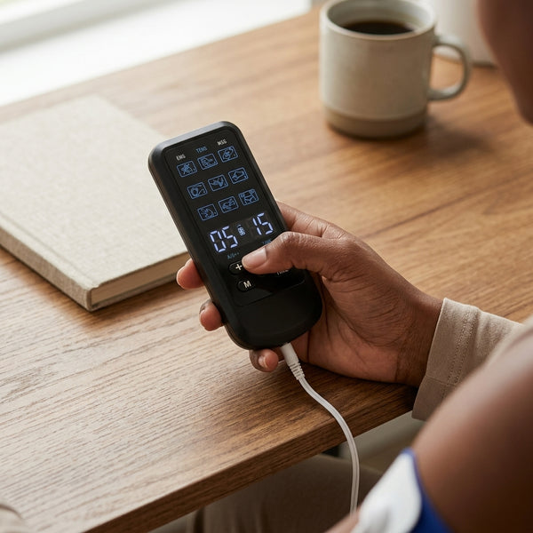Person using the Multifunctional Digital Tens Therapy Massage Machine on a wooden table.