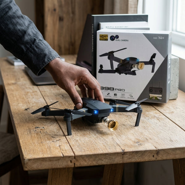 Hands-on with the 998 PRO 4K Dual Camera Foldable Drone on a wooden table with its packaging in the background.