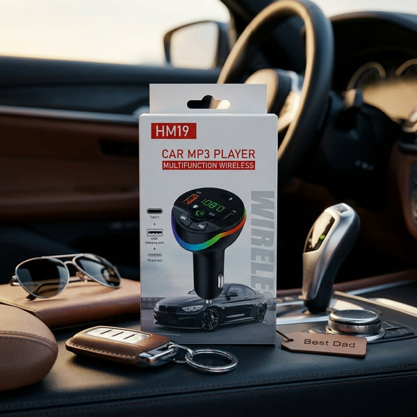 Bluetooth Car MP3 Player FM Transmitter packaging displayed inside a car with various accessories.
