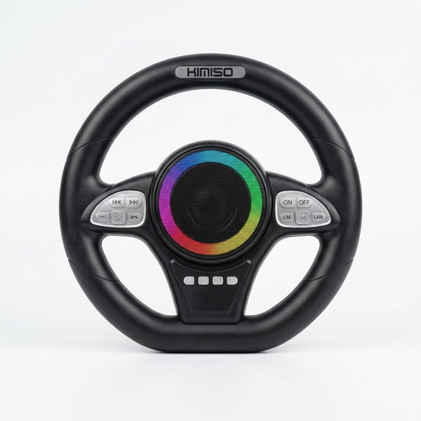 Steering Wheel Bluetooth Speaker with multicolor speaker and control buttons for audio streaming.
