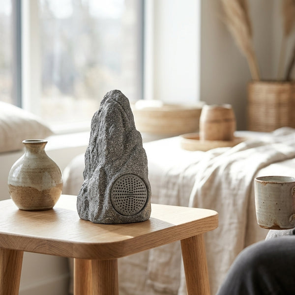 Christmas Garden Decoration Sound Box placed on a wooden table with decorative vases in a cozy room.