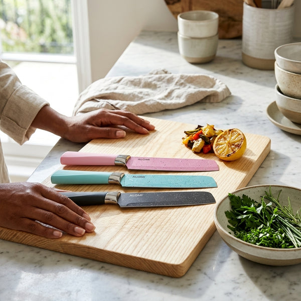 Velvet-Touch Pastel Precision Knife set displayed on a wooden cutting board with fresh ingredients.