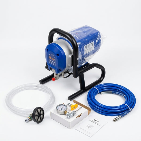 Airless Paint Sprayer with accessories, including hose, pressure gauge, and DIY manual for efficient painting.