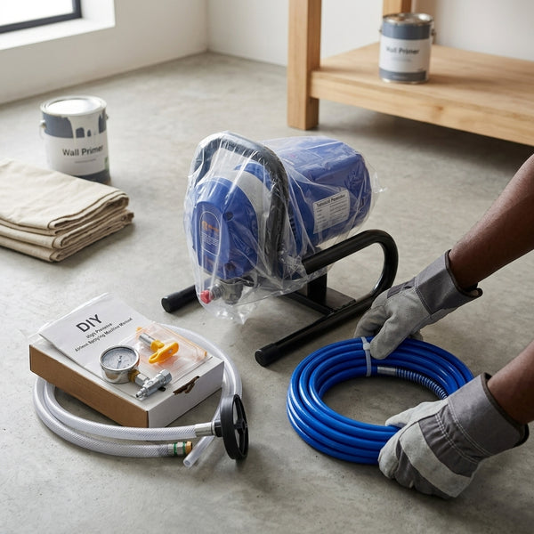 Airless Paint Sprayer with accessories including hoses, DIY guide, and primer cans for efficient painting.