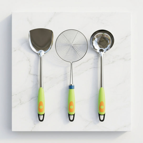 5 Piece Heat Set Tool Set including a scoop, strainer, and ladle with green handles on a marble background.