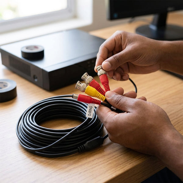 Person connecting 10m Power And Video CCTV Camera Cable to a device, showcasing its practical use.