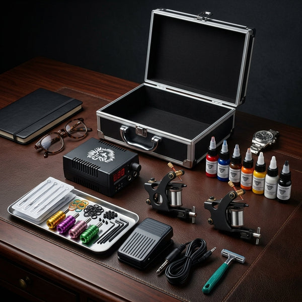 Professional Double Gun Tattoo Kit with two machines and accessories displayed on a wooden table.