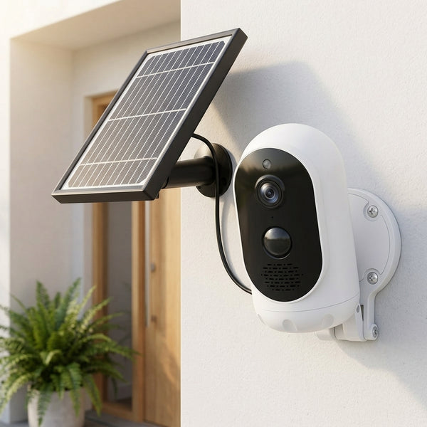 Rechargeable HD Outdoor Solar Camera 1080P With WiFi mounted with solar panel for outdoor surveillance.
