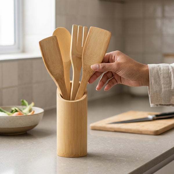 5-Piece Bamboo Kitchen Cooking Utensil Holder