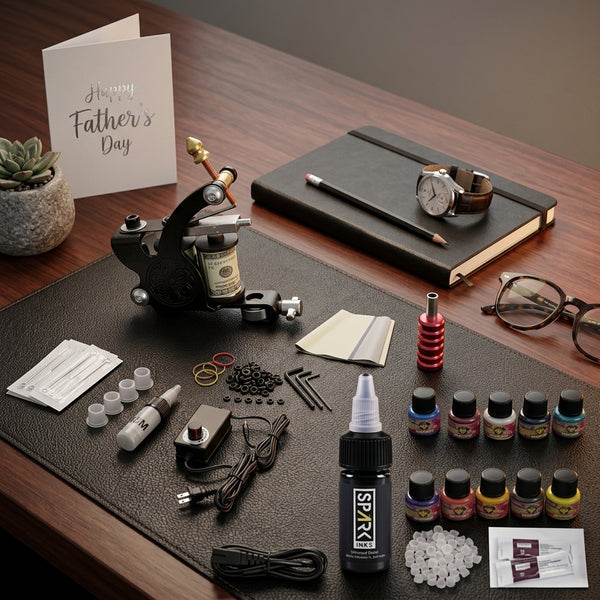 Professional Single Gun Tattoo Kit with rotary gun, ink bottles, and accessories on a wooden table.
