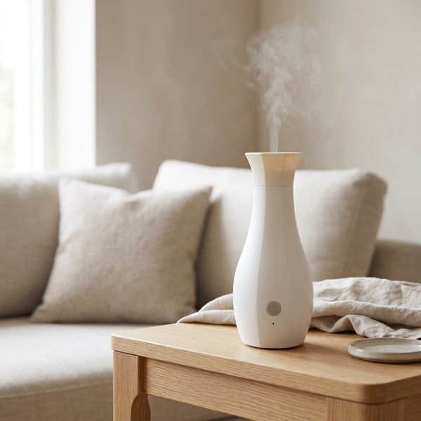 3 in 1 Warm Towel Steamer and Humidifier on a wooden table in a cozy living space with soft cushions.