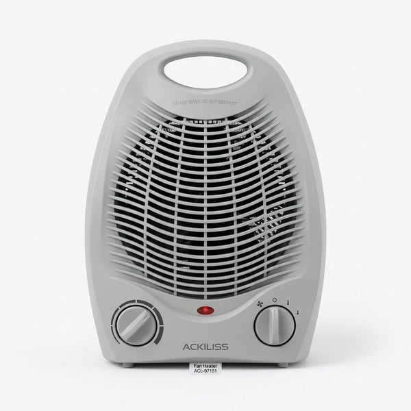 2000W Max Fan Heater with Thermostat in gray color with adjustable settings.
