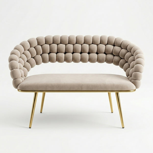 Modern Bubble Bench Upholstered Indoor Seating with distinct bubble-inspired design and elegant gold legs.