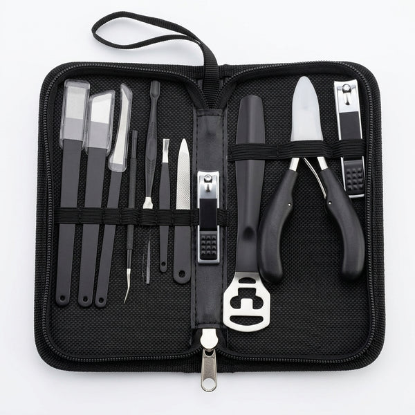 Professional Nail Care Tool Kit with various grooming tools in a compact zippered case.