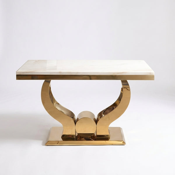 White MDF Table Top Modern Luxury Gold Legs Dining Table showcasing modern design with elegant gold base.
