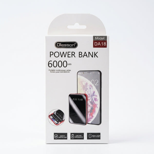 Ultra Thin Mini Portable Charger Power Bank 60000mAh: Olesson Power Bank 6000mAh packaging, featuring model DA18 and information about portable mobile power.