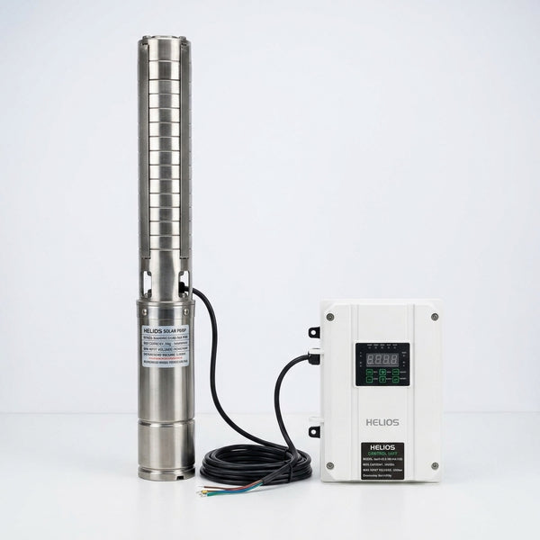 Solar Powered Water Well Pump with stainless steel body and control unit for efficient water supply.