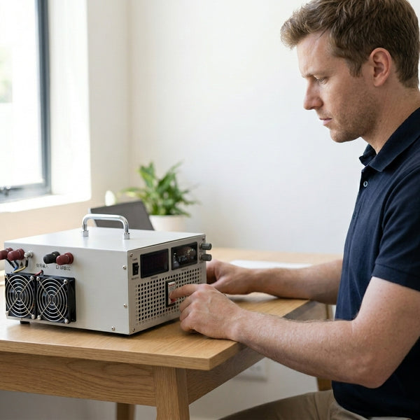 Man using a 4000W Switching Power Supply AC DC Unit on a desk in a well-lit room.