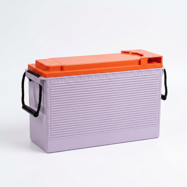 12V 180Ah Front Terminal Gel Battery in a purple and orange casing, ideal for backup power and solar systems.