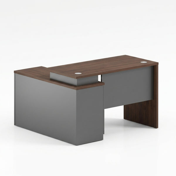 1.4 Modern Durable Eco-Friendly L-Shaped Office Desk with brown top and grey sides, ideal for workspace productivity.