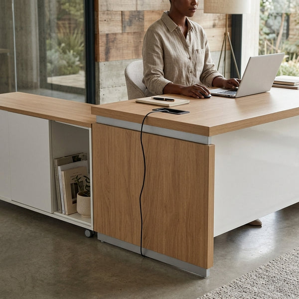 1.8M L-Shape Executive Office Desk with Storage Cabinet featuring a modern workspace and integrated storage.