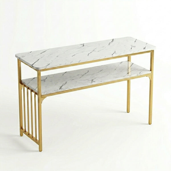Nail Bar Station Salon Desk features a sleek marble top and gold metal frame, perfect for a stylish nail salon setup.