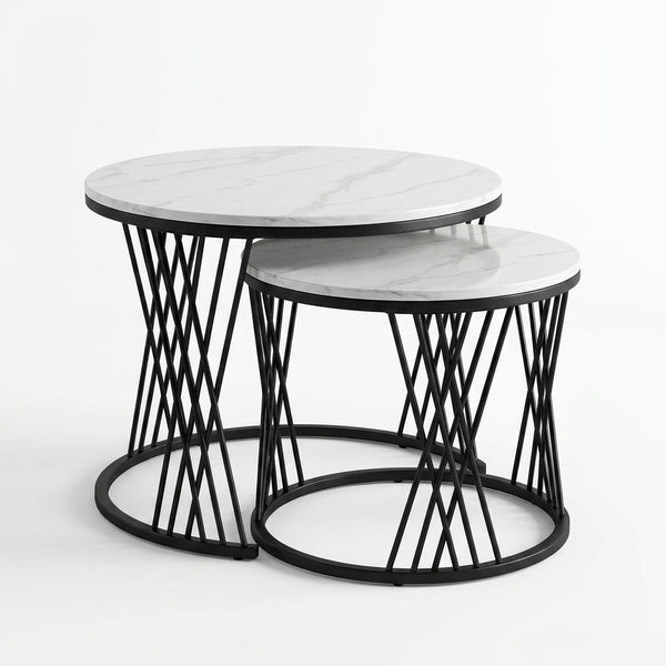 Round Marble-Top Nesting Coffee Tables with Black Metal Base in modern living room setting.